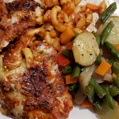 I used chicken tenders. I also cooked up 2 cups of small elbow macaroni as a base layer in the casserole dish. Served with a side of veggies.  Family ate it right up!😊