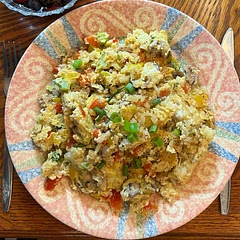 I used extra lean ground chicken instead of pork belly, and scrambled the eggs and poured it all over the top instead.