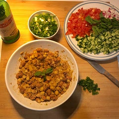 Added chickpeas also and more cumin than recommended - chopped up a lot of veggies - including radishes, (necessary for the crunch)