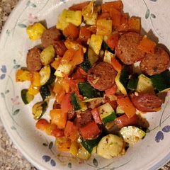 Delicious!
I used 2 small zucchini, 1 summer squash, an aloha pepper, and a handful of cherry tomatoes along with hot sausage.  So yummy 😋