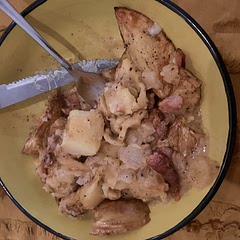 I made this filthy meal after a hard day at work. Potato wedges, bacon and cheese topped with with sauce. It was an ugly delicious mess. Kinda like if Canadian poutine and British fish and chips had a one night stand in an alleyway behind a strip joint..... turns out I had covid... fun