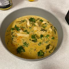 The celery needs to be cooked longer than the recipe said, and I used parsley instead of thyme. The chicken was also braised and that made the base for the broth, but with those adjustments it was great.