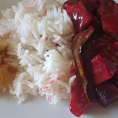 Super easy, fantastic flavours, served with basmati rice and Sri Lankan chili/fish sambal.