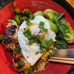 Used bok choi instead of kale, rice instead of quinoa, and added a chicken thigh to each bowl. Two thumbs up!