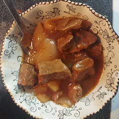 Tender meat and tasty soup. Left out the peas (on purpose) and the garlic (on accident) still yummy.