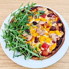 This is such a quick lunch and great for using up leftovers. I put tomato purée and a bit of ratatouille on the wrap for the base and added cheese, Olives, mushrooms and pepper