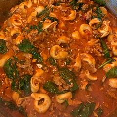Very tasty! The whole family enjoyed it… even the 2 year old! My package of sausage was a pound and a half, so I did end up adding more tortellini and spinach. My husband and I also sprinkled a little cayenne on ours for some heat.