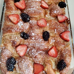 I loved this croissant French toast. It was so easy to make and delicious.  I made it the night before and then put it in the oven in the morning.  I added fruit on top after baking and dusted with confectioners sugar