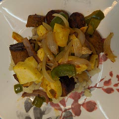 I made this with vegetarian sausage, stacked on a mound of mashed potatoes. Easy weekday meal! Delicious!