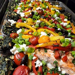 Salmon had skin on so I put it on the bottom. Omitted potatoes added stuffed mushrooms. Topped everything with goat cheese. A new favorite!
