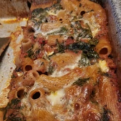 Half a recipe made a nice 8x8 pan for 4 servings. Added grilled onions and another slice of  provolone to the top of the leftovers.