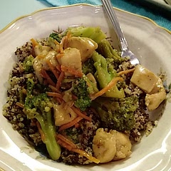 Serving over quinoa. We used two bags frozen broccoli and some shredded carrots. Big hit!