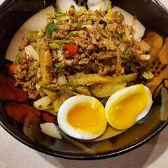 This was delicious! I used ground turkey instead of pork, so I added in a splash of chicken broth for moisture. Went with a 6-min soft-boiled egg instead of fried (I'd like to say that was a calorie/fat cutting move, but the truth is I can't flip a fried egg to save my life!) It was just a tad too spicey for me; next time I might trade the cayenne pepper for a drizzle of sirrachia!