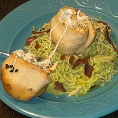 Made with your cheese bomb garlic rolls that we rolled instead of balled up & vegan bacon !!