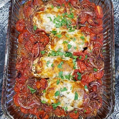 Only thing I changed was adding a whole medium red onion & garnished with parsley once cooked. Effing delicious! My guy said it was "Tasty, tasty, tasty!". Highly recommend!