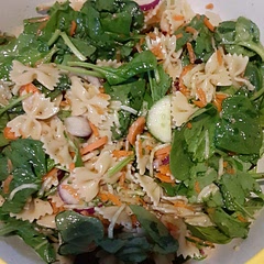 I have family members who aren't too keen on tomatoes, so I shredded and sliced some English cucumber and baby carrots and use those in place of the tomatoes. It was a quick and easy salad to put together.