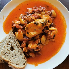 Super easy and tasty. I used smoked chorizo and it took too much from the smooth flavors of the fish and beans, so next time I will use a milder version. I added a chilli for some zing.