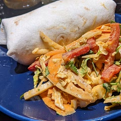 I had to tweak the dressing a bit because it tasted a little bland to me, but once I finally got it right the rest came together relatively quickly (although I was glad I made the chicken earlier this week). Thin-slicing everything was a little tedious. It was tasty both in a wrap and on its own, and I'm hoping it will go well with soba noodles for lunch the next couple of days.
