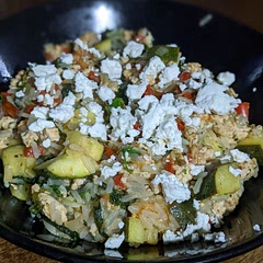 Added courgette, red pepper and fresh tomato. Omitted olives. Doubled the oregano and used plenty of black pepper. Tasty. Will have this again.