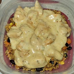 At least 3 bags of cauliflower rice to 4 chicken breast.
