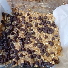 Now in the refrigerator firming up 
No-Bake Peanut Butter Honey Oatmeal Bars, quick and easy. I lined the pan with parchment paper for easier removal. And assembled all ingredients for faster cooking time