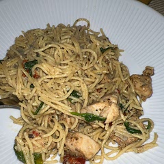 Used a protein angel hair and coconut milk (full can)…so we upped the amount of spices a bit but it’s delicious!