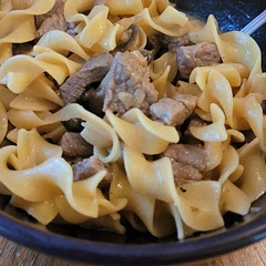 Our family we always eat our beef strogenoff over noodles.  This recipe isn't awful but as a family we like my grandma's recipe better.
