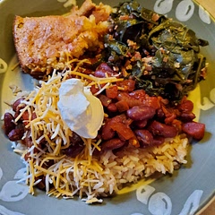 Mexican red beans with rice is a staple in our meal rotation. We typically serve it with collard greens or kale.  Corn bread or Johnny cake also pictured here. I also did not have salsa so I substituted  canned Rotella tomatoes and chilis.