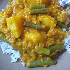 I skipped a few steps to save on time. I dumped everything into the pot except for the coconut milk. I added a an extra tsp garam masala and salt. I also added potatoes and green beans. I did not add the pepper or the almond butter.