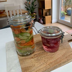 Adapted to what I had in, green mooli and carrot and a red onion one as wouldn’t all fit in the jar! Used the pickling ratio but added ginger, star anise, green cardamom, bay leaf, chilli and some lemon zest! It’s fun to experiment!