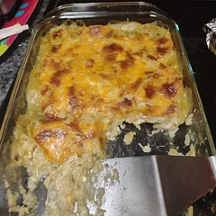 Will not make again. Tortillas completely disintegrated into mush. Instructions were not clear enough. For example, it wants you to add a layer of sour cream on top of the grated cheese and shredded chicken. How exactly does one spread sour cream onto that??? We used little dollops, but they didn't melt into the casserole at all, just stayed little cooked lumps. Primary picture for this recipe has ingredients that are not listed in the recipe. We added Colby jack on the top layer and it was still just lacking flavor overall. Plus, it takes a long time to make, so it's super disappointing for the time investment. Ugh