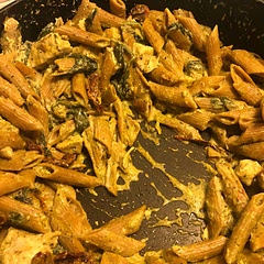 Definitely takes longer than 35 minutes but it is well worth it!
My 13 year old made this. It was easy to follow, only used one pan, and made a lot of food!! 
All the kids loved it. Husband rated it an 8.5/10.

Things we changed:
We used gluten free penne noodles, did not compromise the flavor or texture.
Added extra pesto, because only a little would have been left in the jar.
We used the optional spinach and sun dried tomatoes - made it wonderful!
I forgot to buy Parmesan cheese so we didn’t add any. 🤷🏻‍♀️