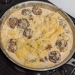 I made this tonight with well seasoned ground beef meatballs. I love peas, but my husband is not a fan so I'm substituting with mushrooms.
I have a feeling this is going to be on the usual rotation now, we both enjoyed it very much!
I will say though it's one of those recipes where it's best to prep it and throw it all in the oven and put the dishes away make tomorrow's lunches shower etc because it is a slow recipe but the prep is easy and quick.