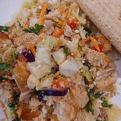 Amazing salad! For our family, I used a salad mix instead of parsley, chopped regular red peppers, and the chickpeas are chopped up a bit too since the kids ate this as a wrap.