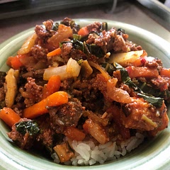 Had some leftover bok choy and mushrooms, so I chopped that up to add with the stir fry. For a bit more spice I also added red chili pepper powder and toban djan to it. When I went for seconds I fried up an egg to put on top and it was perfect.
