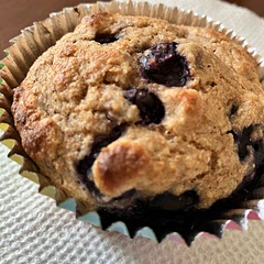 Turned out great. Used spelt flour and 1/4cup of maple syrup as the sweetener. To get the frozen blueberries from turning everything purple I thawed in the microwave and then rinsed them until the water ran clear. Gently patted them dry and folded them in.