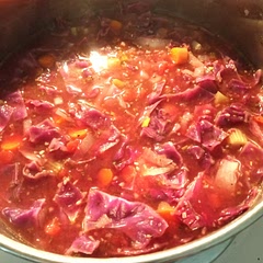 I used red cabbage instead of green just because I had a head of red cabbage. All you need is a cutting board and a dutch oven and a sharp knife so not to hard to clean up.