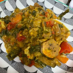 The original recipe for this listed some steps in the method but didn’t list the ingredients in the ingredients list so I’ve added them in. It needed a bag of spinach (a handful was insufficient) and the dumpling mixture made more dumplings than I could fit in the pot. Having said that this was a delicious dish which I would make again. I used salt fish rather than salt meat. I didn’t have pepper sauce (not listed as an ingredient) so I used 1/2 tsp of chilli flakes instead.