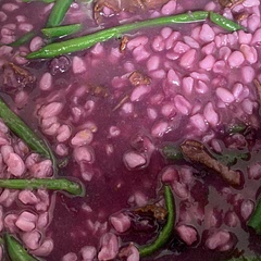I ordered the hominy corn online. The recipe was a little vague and I added the green beans towards the end of the cooking time. I had purple sweet potatoes to hand rather than the traditional orange variety which explains the colour of the dish. The leftovers thickened up and were quite stodgy. Overall I found the dish a bit bland.