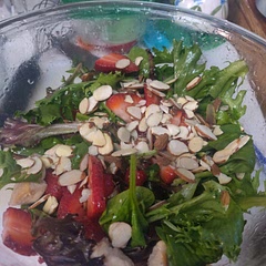 I am always leary when it comes to vinegar of any kind, however, this was very mild and delicious. I love strawberries and almonds together. I added leftover chicken and it was even better.