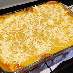 Changed some ingredients as I didn't have everything and also added some vegan cheese on top before going to the oven.
It came out really nice, definitely something to repeat but needs to be well planned as it takes a long time.