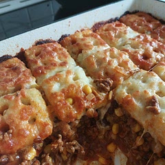 Kids loved it.  Can't get tater tots or green chillies here so used mini hash brown waffles and added cherry tomatoes.