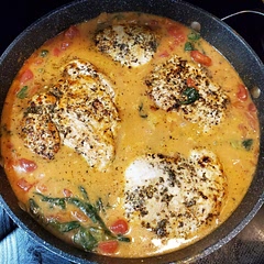 Delicious rustic Italian dish. Recipe easily doubles. Served over rotini with side salad for dinner. I added a tablespoon of flour as I sauteed the garlic and used skim milk rather than heavy cream.