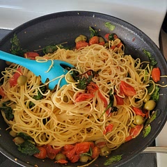 Super easy and tasty! A bit too much salt. I thought it was a crazy amount of tomatoes but it could have even been more, add a whole box of spinach. Added Italian seasoning, garlic, basil and olives, plus used butter instead of oil
