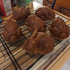 Added chocolate chips, and baked in a Nordic Ware bunny pan for 35 minutes. Worked wonderfully.