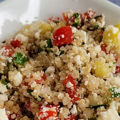 I substituted quinoa and queso fresco for the farro and feta. I also added oregano, parsley, and basil from my garden. It was excellent.