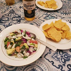 This is yet another household favorite. I hope you have brushed up on your knife skills because that is just about all you need to make this dish. We love the heat and use a full serano in place of the jalapeño, seeds and all. Since the cooking is essentially done in the fridge, it is the perfect dish to start and take care of other chores while the shrimp marinates to "cook" alone and when it finishes for another few minutes with the other ingredients. An anytime meal for those with the patience to let the lime work.