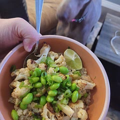 This came out amazing! I used quinoa instead of rice and it ended up being very filling. I like how customizable this can be based on what is in the house, and picky eaters. The flavor was great and this didn't leave you feeling heavy.