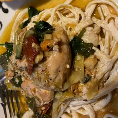We used chicken thighs and served over fettuccini Alfredo.  This is so good and we will definitely make it again. It’s super simple to prepare.