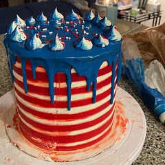 I didn’t use this cake recipe, only the design on the outside and the white chocolate ganache. The ganache was very easy to make, though I did it on low heat on the stove. The temperatures were really helpful.